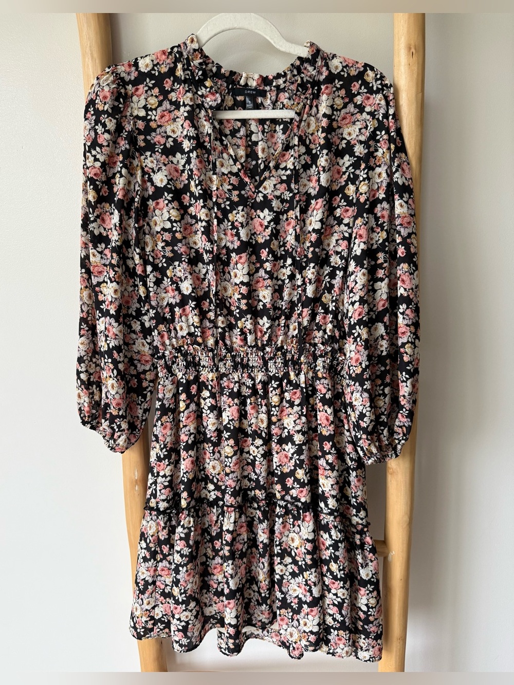 DREW Ruffle Black Floral Pattern Lightweight Long Sleeve Tiered Mini Dress S